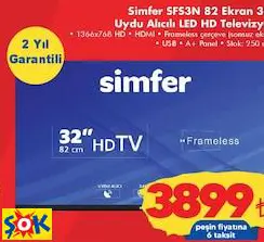 SİMFER SFS3N 82 EKRAN 32” UYDU ALICILI LED HD TELEVİZYON